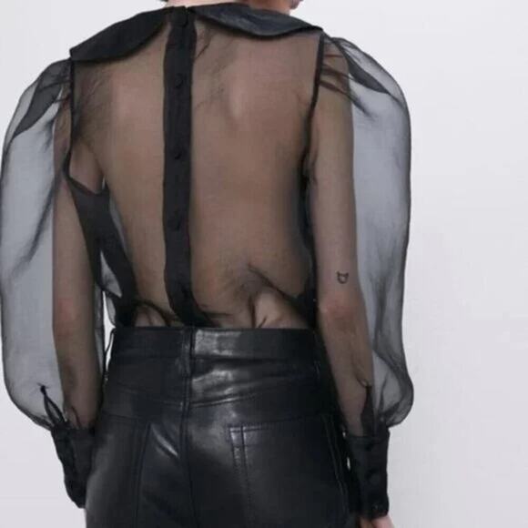 Zara Women's Black Peter Pan Collar Organza Sheer Back Blouse Size Small - Picture 3 of 12